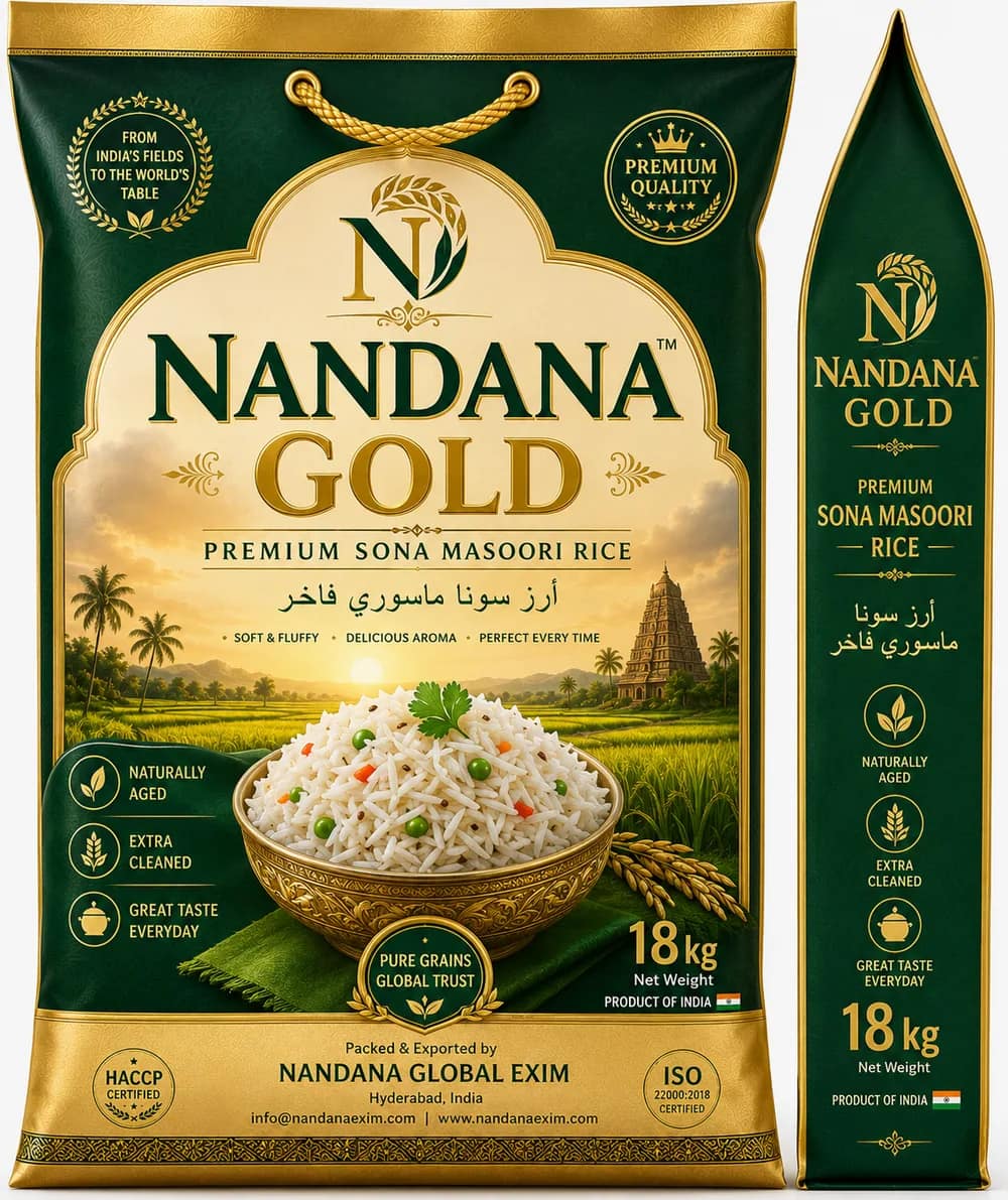 Nandana Gold premium Sona Masoori rice 18 kg export pack