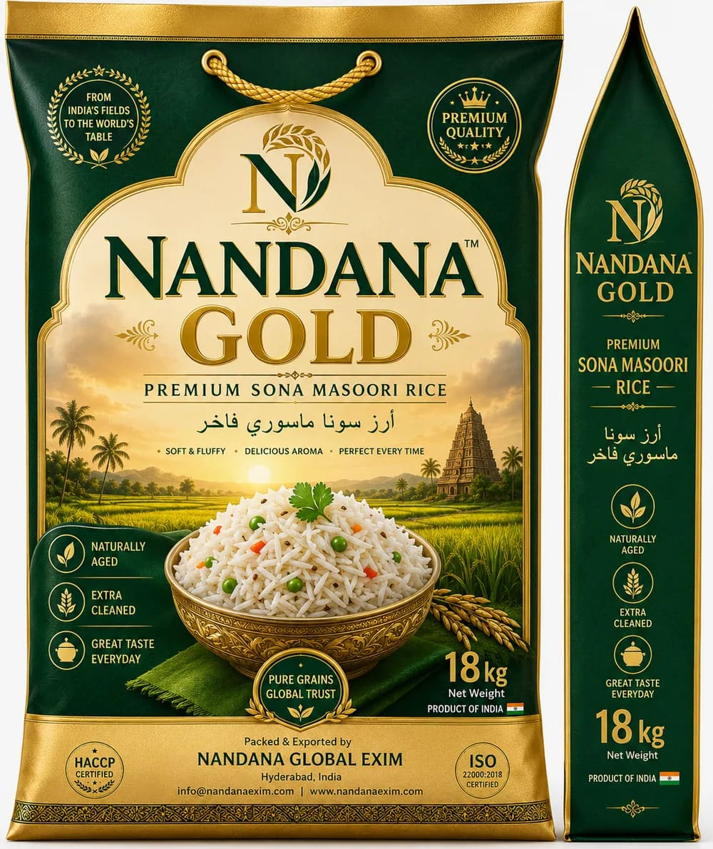 Nandana Gold premium Sona Masoori rice 18 kg export pack