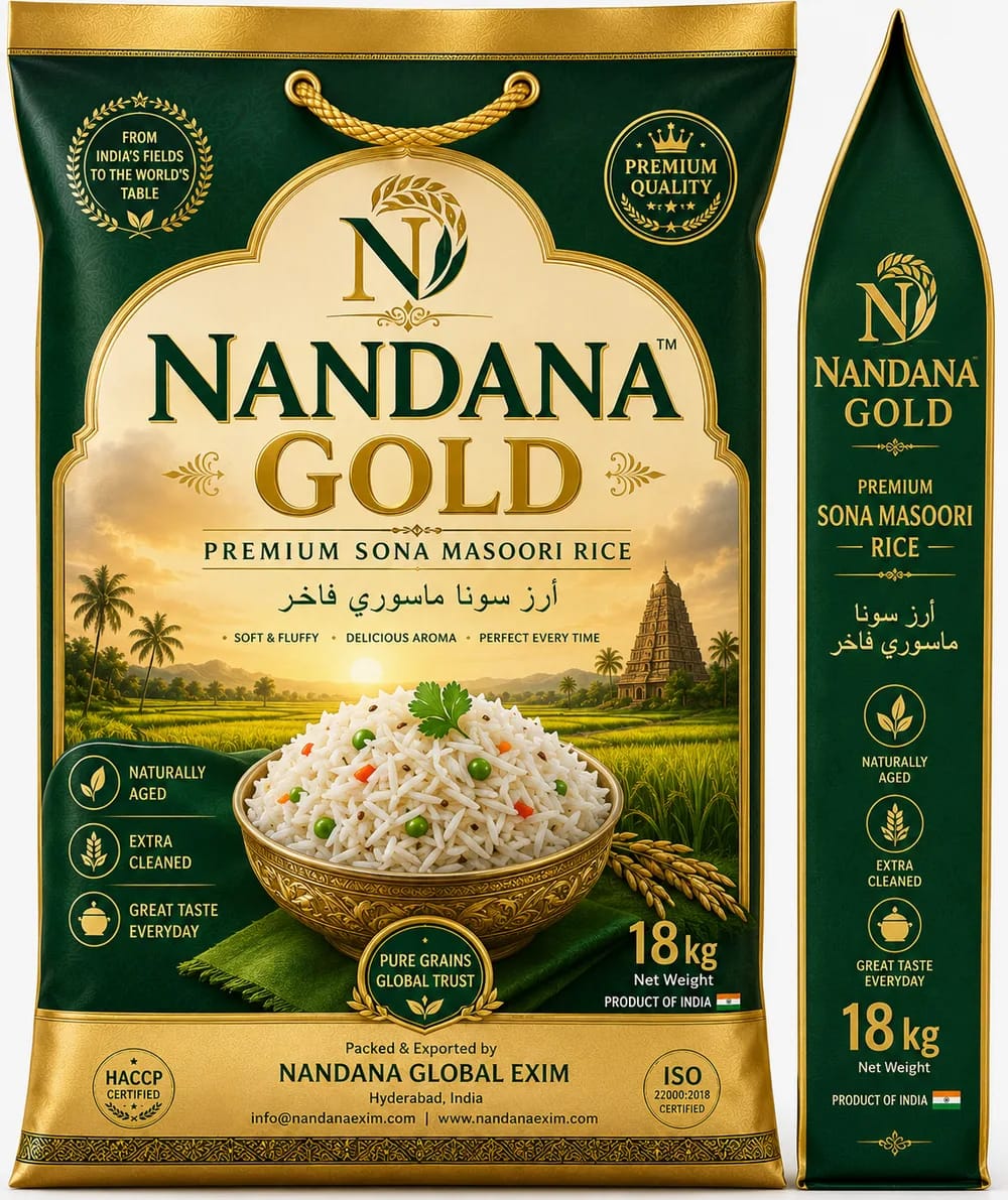 Nandana Gold premium Sona Masoori rice 18 kg export pack